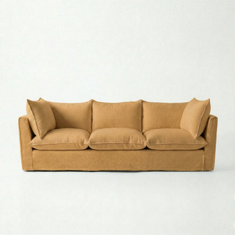 Coco 3.5 seater sofa with Self Piped Knife Edge cushion in Cotton Linen Sunflower - Hand Made in USA