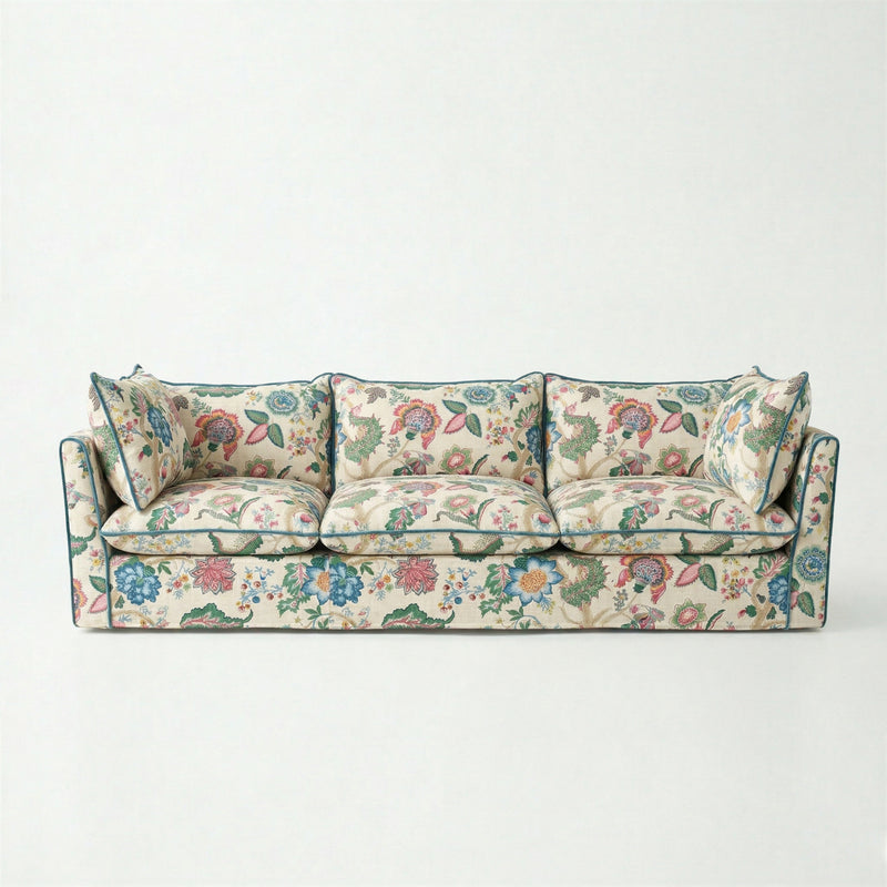 Coco 4 seater sofa with Knife Edge cushion in Kitty Spring Green with Velvet Trim - Hand Made in USA