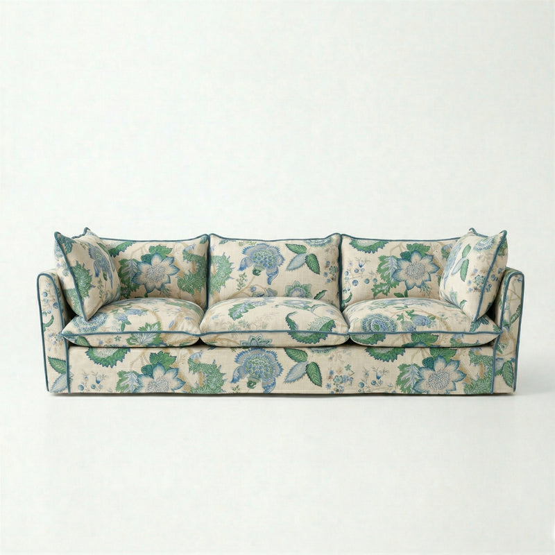 Coco 4 seater sofa with Knife Edge cushion in Kitty Blue Green with Velvet Trim - Hand Made in USA