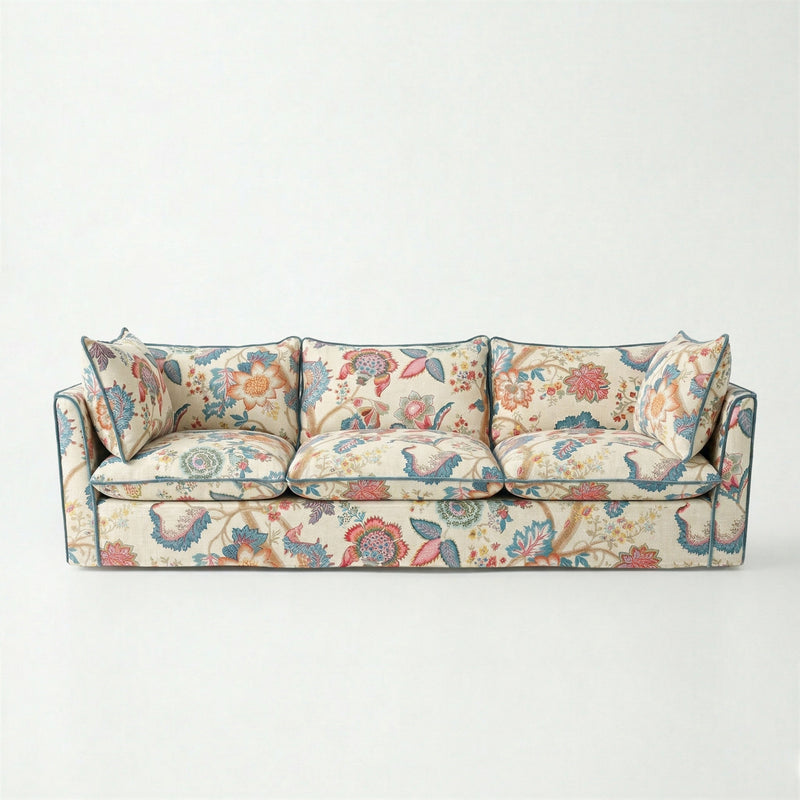 Coco 4 seater sofa with Knife Edge cushion in Kitty Indian Summer with Velvet Trim - Hand Made in USA