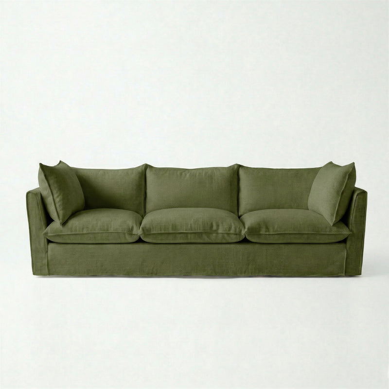 Coco 4 seater sofa with Self Piped Knife Edge cushion in Cotton Linen Evergreen - Hand Made in USA