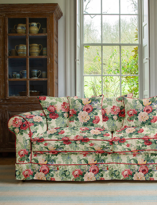 Barton Large Sofa with Scatter Cushions in English Garden Classic Rose with Velvet Trim - Hand Made in USA