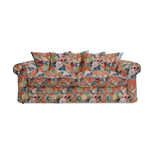 Barton Large Sofa with Scatter Cushions in English Garden Coral Orange with Velvet Trim - Hand Made in USA