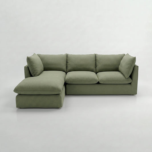 Coco Sectional Sofa with Chaise in Cotton Linen Evergreen - Hand Made in USA - Workshop Restored