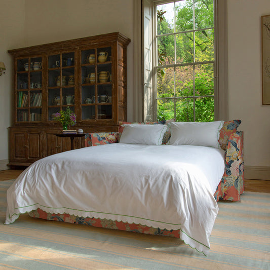 Coco 2.5 seater sleeper sofa with Knife Edge cushion in English Garden Coral Orange - Hand Made in USA