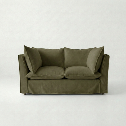 Coco 2 seater sofa with Knife Edge cushion in Beatrice Olive - Hand Made in USA