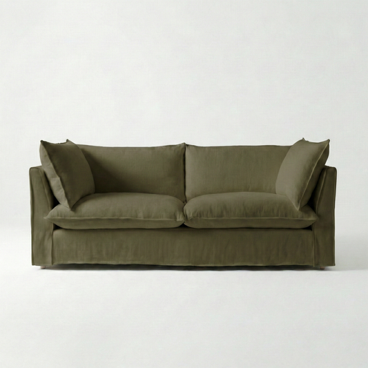 Coco 3 seater sofa with Knife Edge cushion in Beatrice Olive - Hand Made in USA