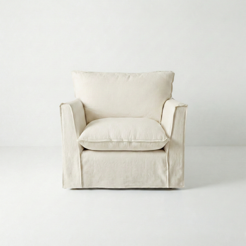 Coco Armchair with Self Piped Knife Edge cushion in Cotton Linen Cool Coconut - Hand Made in USA