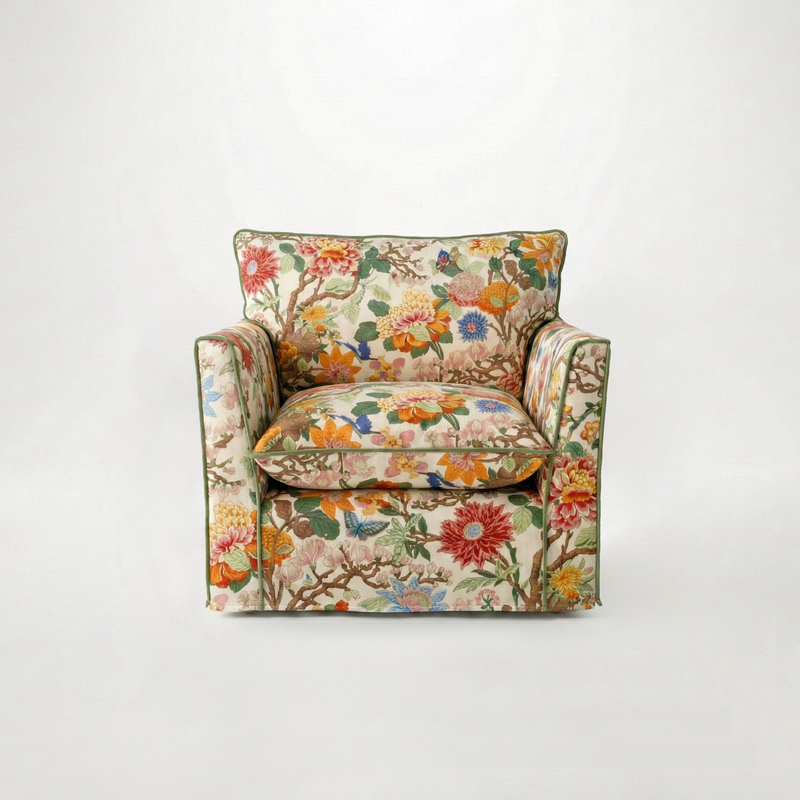 Coco Armchair with Self Piped Knife Edge cushion in GP & J Baker Magnolia Cream Blue - Hand Made in USA