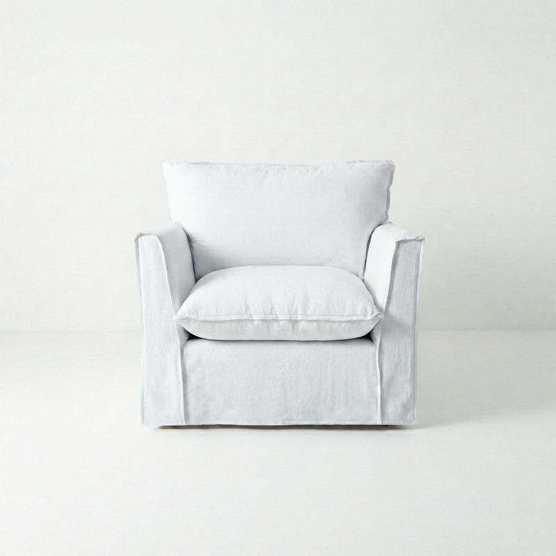 Coco Armchair with Self Piped Knife Edge cushion in Cotton Linen Snow Drop - Hand Made in USA