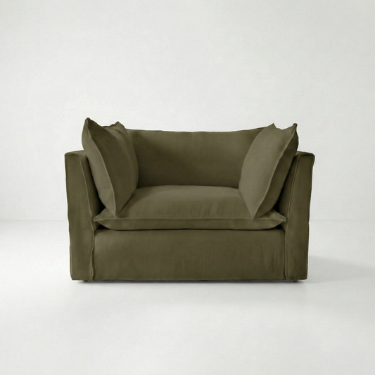 Coco Loveseat with Knife Edge cushion in Beatrice Olive - Hand Made in USA