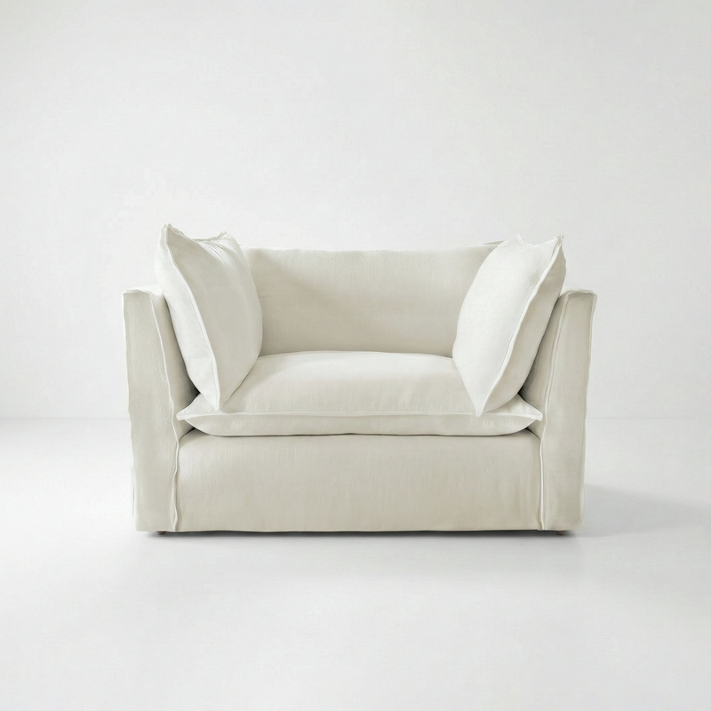 Coco Loveseat with Self Piped Knife Edge cushion in Cotton Linen Cool Coconut - Hand Made in USA