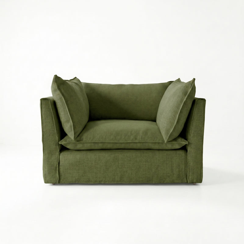 Coco Loveseat with Self Piped Knife Edge cushion in Cotton Linen Evergreen - Hand Made in USA