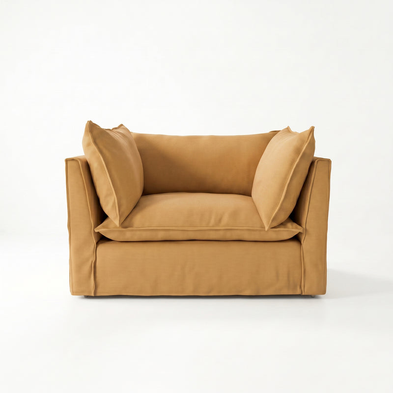 Coco Loveseat with Self Piped Knife Edge cushion in Cotton Linen Sunflower - Hand Made in USA