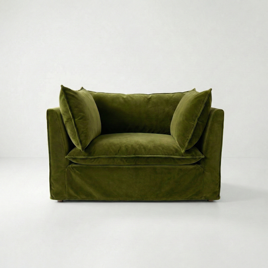 Coco Loveseat with Self Piped Knife Edge cushion in Pelham Moss Velvet - Hand Made in USA