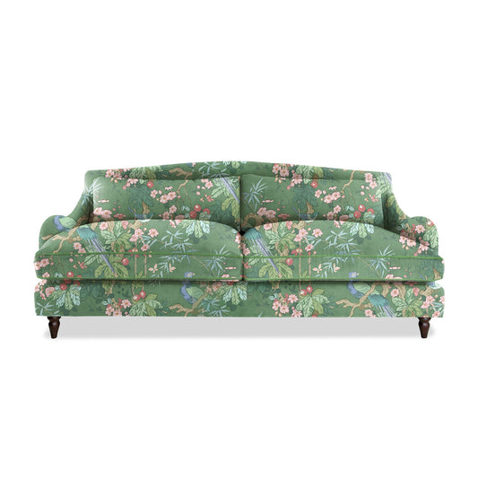 Felix 4 seater sofa in Natural Linen Belleville Juniper with Velvet Trim - Hand Made in USA