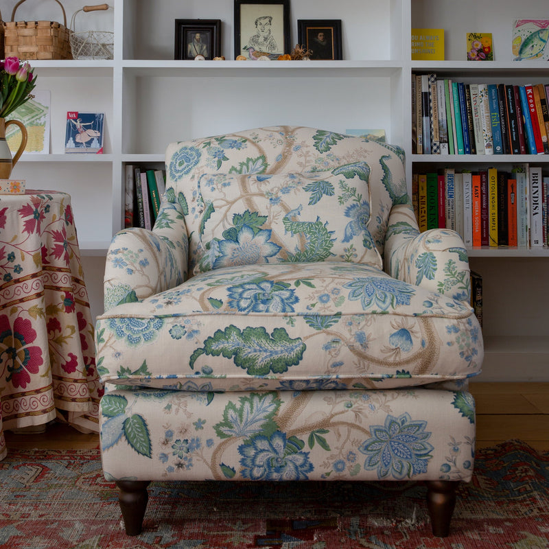 Felix Armchair with Fixed Back in Natural Linen Kitty Blue Green - Hand Made in USA