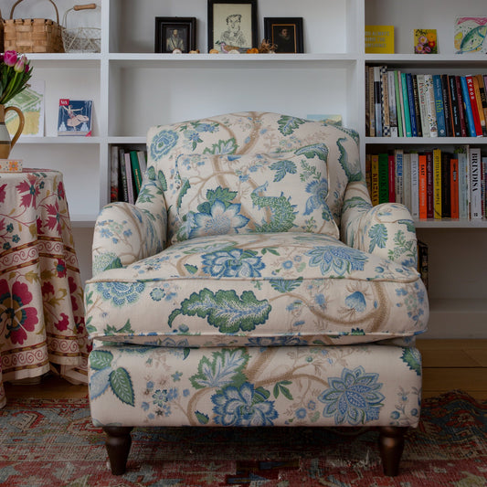 Isobel Armchair with Fixed Back in Natural Linen Kitty Blue Green - Hand Made in USA