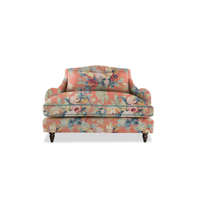 Felix Loveseat in Natural Linen English Garden Coral Orange with Velvet Trim - Hand Made in USA