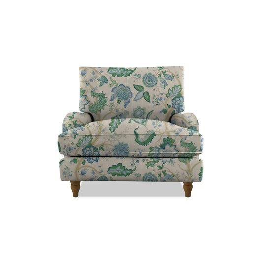 Isobel Armchair with Big Back Cushion in Natural Linen Kitty Blue Green - Hand Made in USA