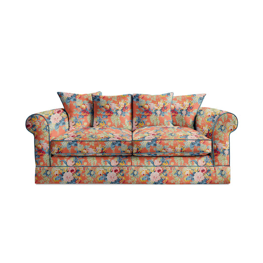 Salthrop Medium Sofa with Scatter Cushion in Coral Orange with Lagoon Velvet Trim - Hand Made in USA
