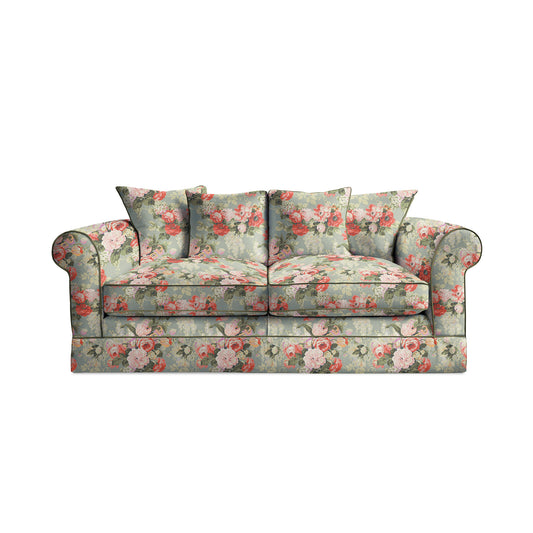 Salthrop Medium Sofa with Scatter Cushion in Grey Skies with Green Tea Velvet Trim - Hand Made in USA