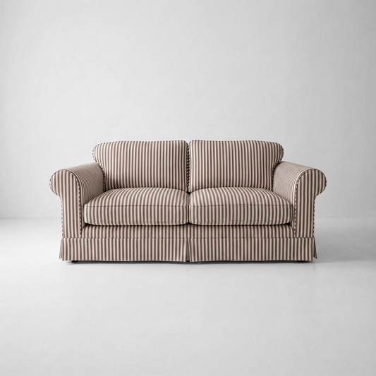 Barton 2-Seater Sofa with Big Back Cushions in Narrow Chocolate Stripe - Handmade to Order in the USA
