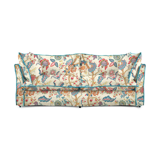 Coco 2.5 seater sofa with Knife Edge cushion in Kitty Indian Summer with Velvet Trim - Hand Made in USA