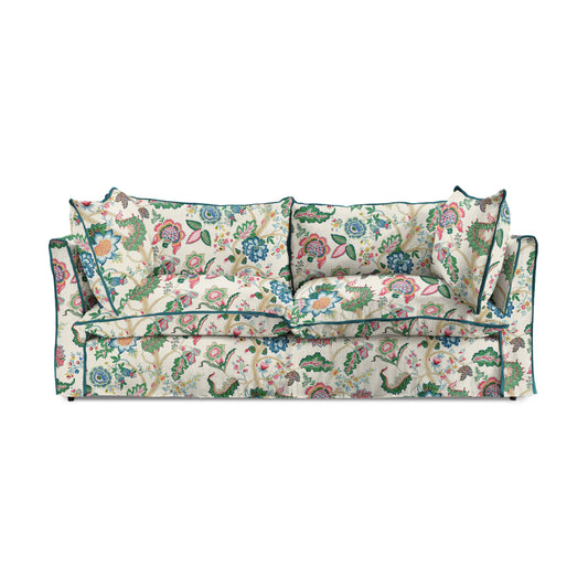Coco 2.5 seater sofa with Knife Edge cushion in Kitty Spring Green with Lagoon Velvet Trim - Hand Made in USA