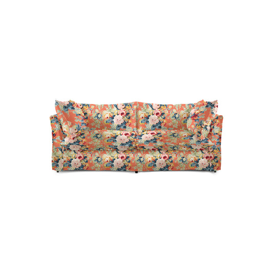 Coco 2.5 seater sofa with Knife Edge cushion in English Garden Coral Orange - Hand Made in USA