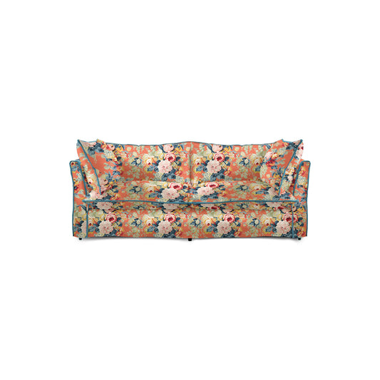 Coco 2.5 seater sofa with Knife Edge cushion in English Garden Coral Orange with Velvet Trim - Hand Made in USA