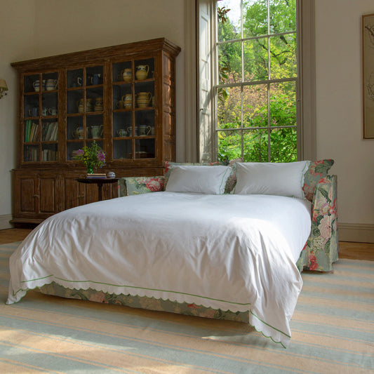 Coco 2.5 seater sleeper sofa with Knife Edge cushion in English Garden Grey Skies - Hand Made in USA