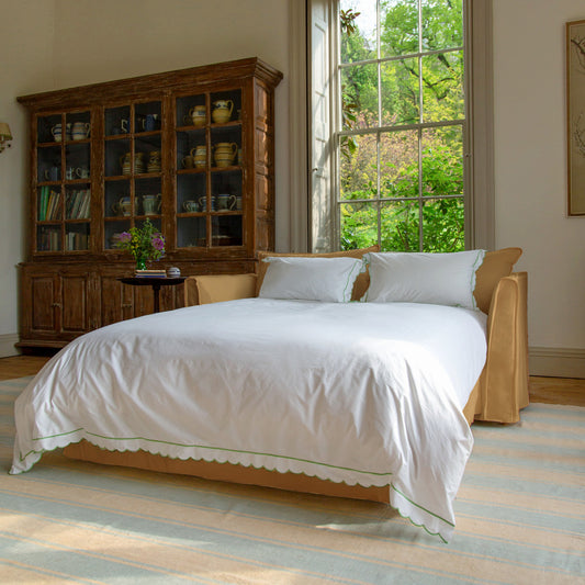 Coco 2.5 seater sleeper sofa with Self Piped Knife Edge cushion in Cotton Linen Sunflower - Hand Made in USA