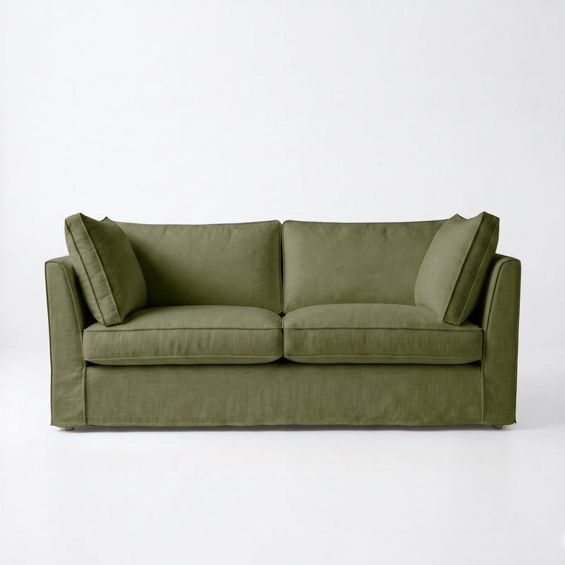 Coco 2.5 seater sofa with Self Piped Box Edge cushion in Cotton Linen Evergreen - Hand Made in USA
