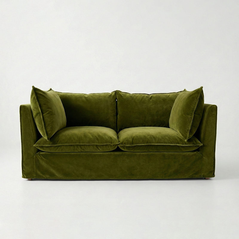 Coco 2.5 seater sofa with Self Piped Knife Edge cushion in Pelham Moss Velvet - Hand Made in USA