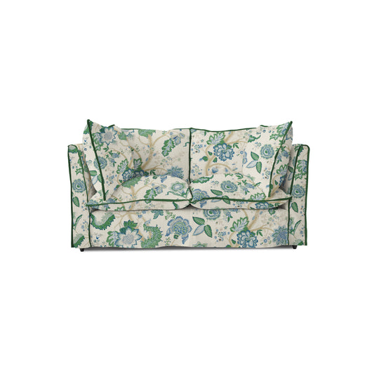 Coco 2 seater sofa with Knife Edge cushion in Kitty Blue Green with Velvet Trim - Hand Made in USA