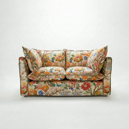 Coco 2 seater sofa with Contrast Welt Knife Edge cushion in GP & J Baker Magnolia Cream Blue - Hand Made in USA