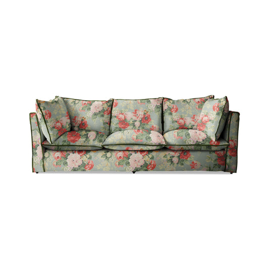 Coco 3.5 seater sofa with Knife Edge cushion in English Garden Grey Skies with Velvet Trim - Hand Made in USA