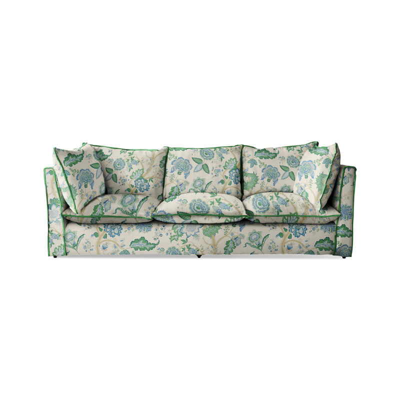 Coco 3.5 seater sofa with Knife Edge cushion in Kitty Blue Green with Parakeet Velvet Trim - Hand Made in USA