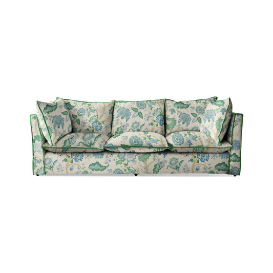 Coco 3.5 seater sofa with Knife Edge cushion in Kitty Blue Green with Parakeet Velvet Trim - Hand Made in USA