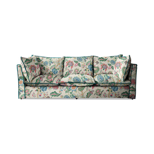 Coco 3.5 seater sofa with Knife Edge cushion in Kitty Spring Green with Lagoon Velvet Trim - Hand Made in USA