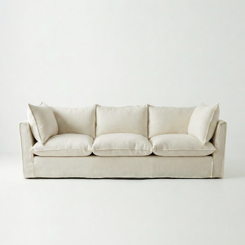 Coco 3.5 seater sofa with Self Piped Knife Edge cushion in Cotton Linen Cool Coconut - Hand Made in USA