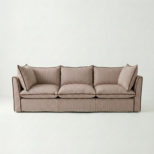 Coco 3.5 seater sofa with Self Piped Knife Edge cushion in Narrow Chocolate Stripes - Hand Made in USA