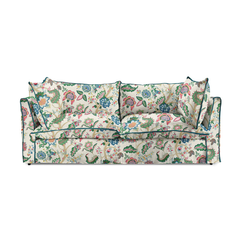 Coco 3 seater sofa with Knife Edge cushion in Kitty Spring Green with Lagoon Velvet Trim - Hand Made in USA