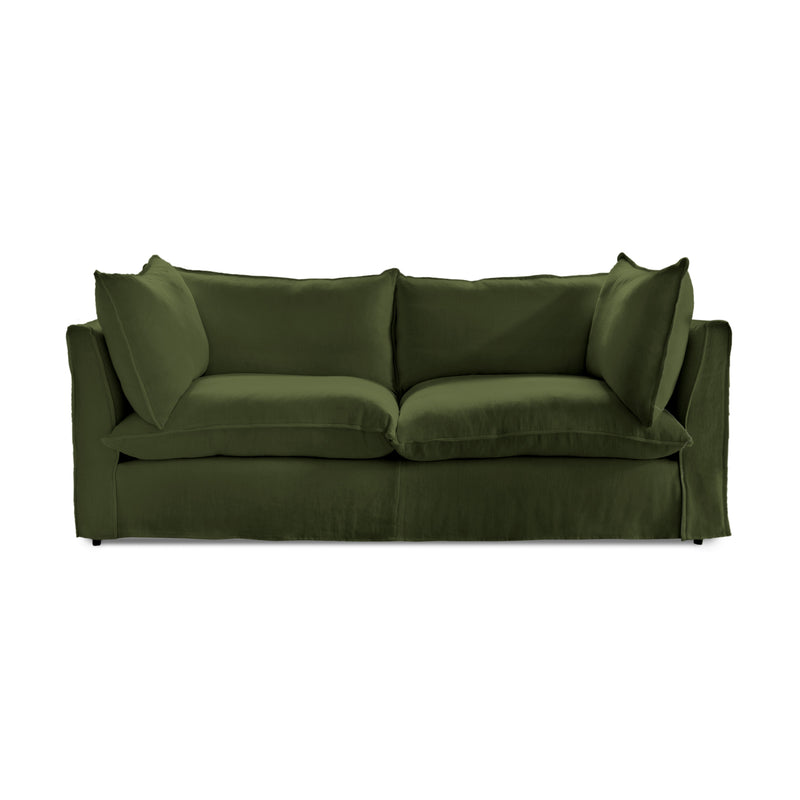 Coco 3 seater sofa with Self Piped Knife Edge cushion in Cotton Linen Evergreen - Hand Made in USA