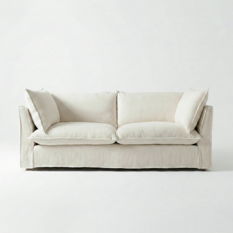 Coco 3 seater sofa with Self Piped Knife Edge cushion in Cotton Linen Cool Coconut - Hand Made in USA