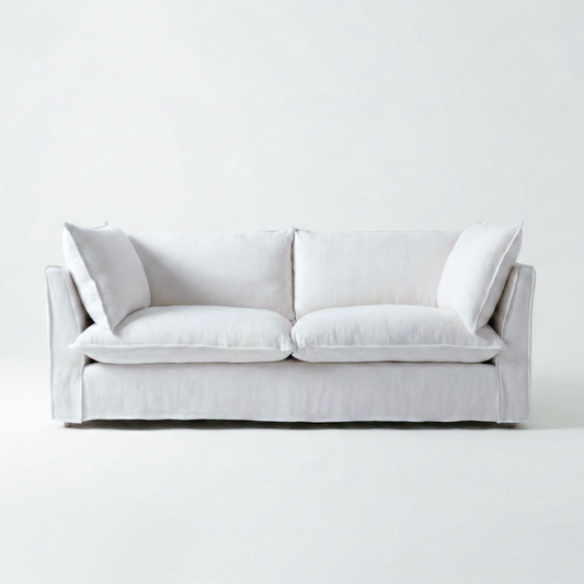 Coco 3 seater sofa with Self Piped Knife Edge cushion in Cotton Linen Snow Drop - Hand Made in USA