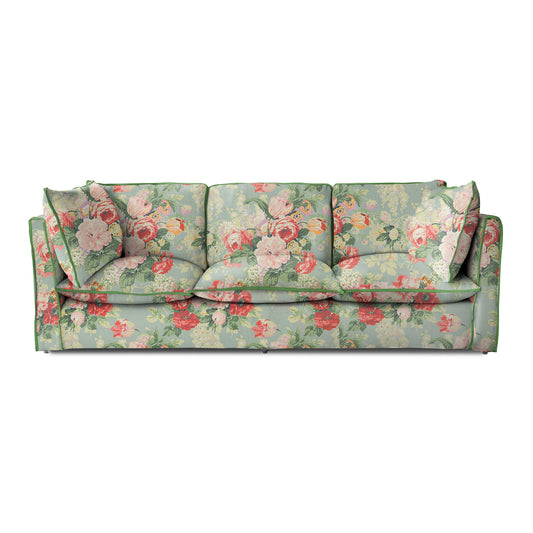 Coco 4 seater sofa with Knife Edge cushion in English Garden Grey Skies with Velvet Trim - Hand Made in USA