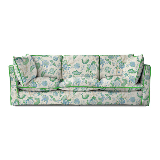 Coco 4 seater sofa with Knife Edge cushion in Kitty Blue Green with Velvet Trim - Hand Made in USA