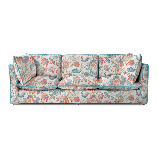 Coco 4 seater sofa with Knife Edge cushion in Kitty Indian Summer with Velvet Trim - Hand Made in USA